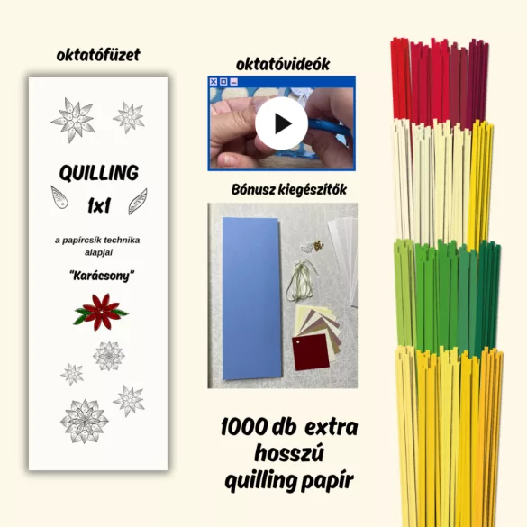 Quilling 1x1 - Karácsony - TANFOLYAM és KEZDŐCSOMAG (ESZKÖZÖK NÉLKÜL) 11 féle mintával Angyalka, Csillag, Hópehely