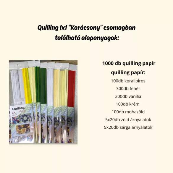 Quilling 1x1 - Karácsony - TANFOLYAM és KEZDŐCSOMAG (ESZKÖZÖK NÉLKÜL) 11 féle mintával Angyalka, Csillag, Hópehely