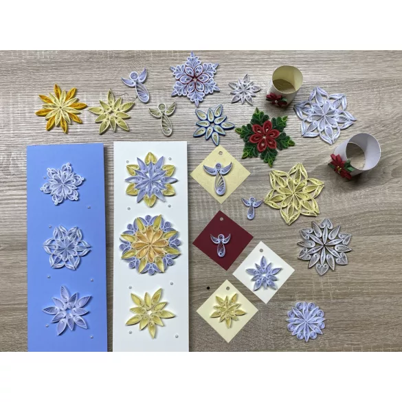 Quilling 1x1 - Karácsony - TANFOLYAM és KEZDŐCSOMAG (ESZKÖZÖK NÉLKÜL, még több papírcsíkkal!!!) 11 féle mintával Angyalka, Csillag, Hópehely